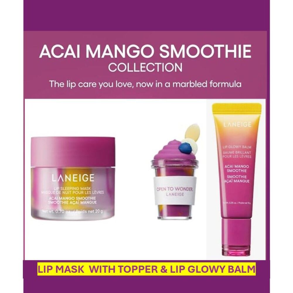 LANEIGE ACAI MANGO SMOOTHIE LIP SLEEP MASK WITH TOPPER & LIP GLOWIE BLAM NEW